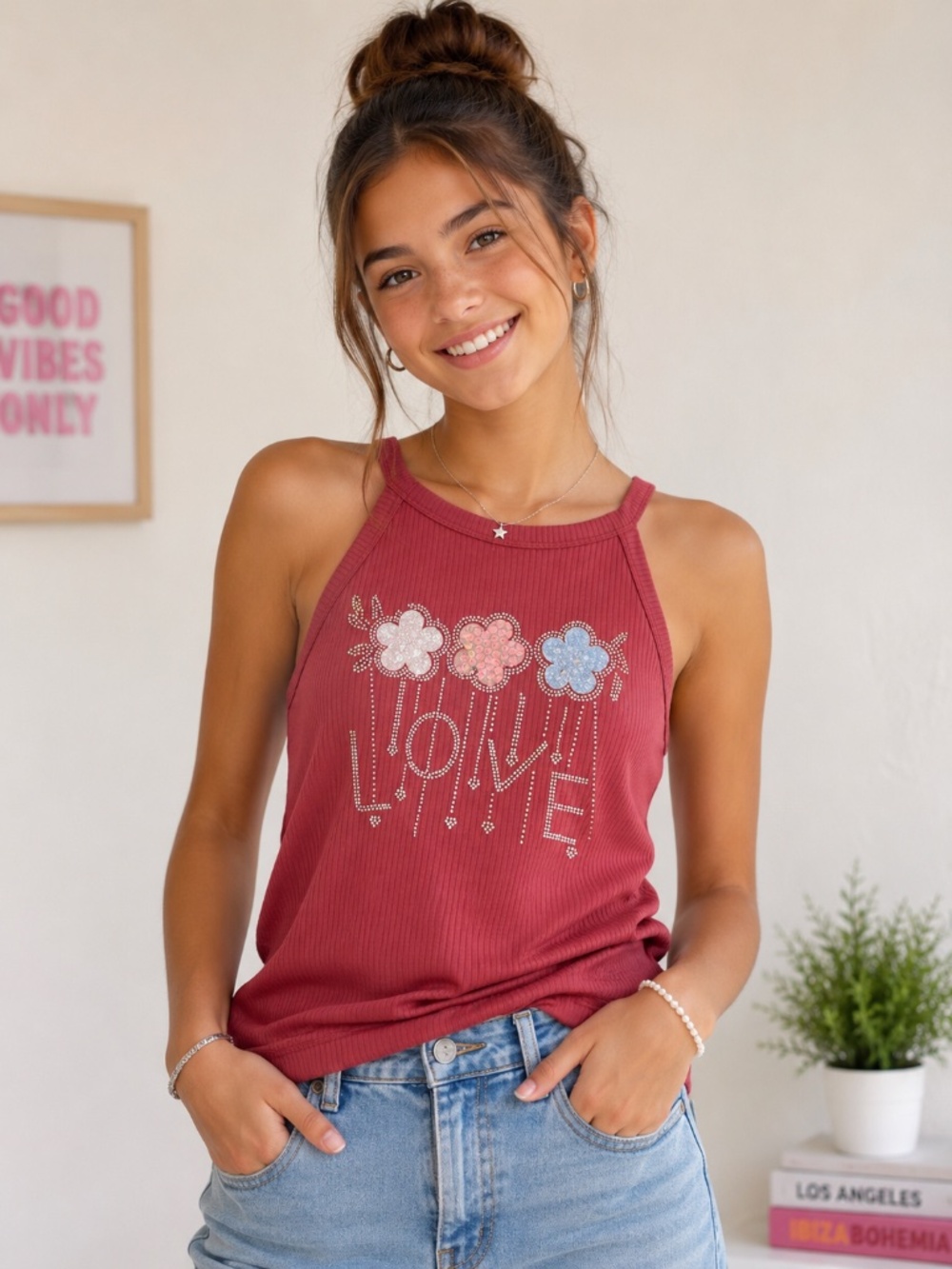 Love, Glam Girl Ribbed Tank Top – Juniors L